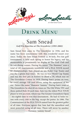 Drink Menu Sam Snead Golf Pro Emeritus at the Greenbrier (1993-2002)