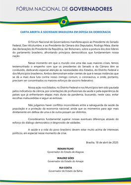 Carta Aberta À Sociedade Brasileira Em Defesa Da Democracia