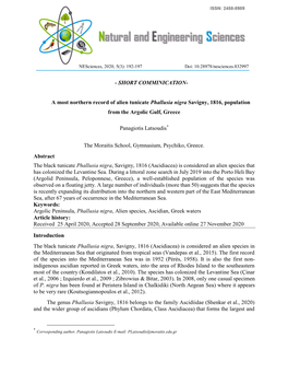 A Most Northern Record of Alien Tunicate Phallusia Nigra Savigny, 1816, Population from the Argolic Gulf, Greece