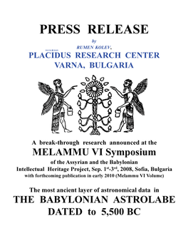 PRESS RELEASE by RUMEN KOLEV, Παντα7πασι PLACIDUS RESEARCH CENTER VARNA, BULGARIA