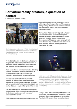 For Virtual Reality Creators, a Question of Control 6 March 2015, Byderrik J