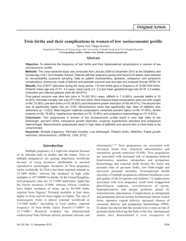 Twin Births and Their Complications in Women of Low Socioeconomic Profile Original Article