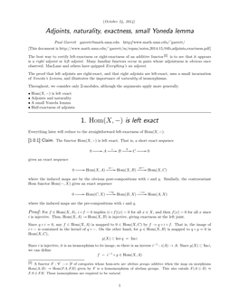 Adjoints, Naturality, Exactness, Small Yoneda Lemma 1. Hom(X,−) Is Left