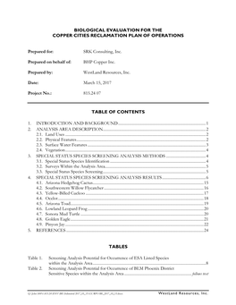 Biological Evaluation for the Copper Cities Reclamation Plan of Operations