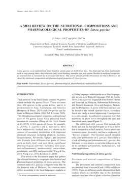 A MINI REVIEW on the NUTRITIONAL COMPOSITIONS and PHARMACOLOGICAL PROPERTIES of Litsea Garciae