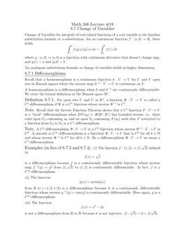 Math 346 Lecture #18 8.7 Change of Variables 8.7.1 Diffeomorphisms