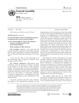 General Assembly Official Records Asdfsixty-Eighth Session 104Th Plenary Meeting Thursday, 17 July 2014, 3 P.M