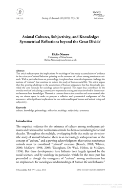 Animal Cultures, Subjectivity, and Knowledge: Symmetrical Reflections Beyond the Great Divide1