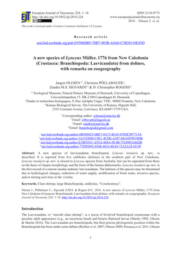 A New Species of Lynceus Müller, 1776 from New Caledonia (Crustacea: Branchiopoda: Laevicaudata) from Dolines, with Remarks on Zoogeography