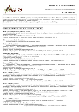 RECUEIL DES ACTES ADMINISTRATIFS N° 33 Du 31 Août 2014 COMITE SYNDICAL : SÉANCE DU 26 AVRIL Et DU 13 MAI 2014 PV De L'él