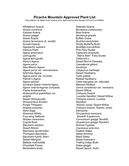 Picacho Mountain Approved Plant List (Any Plants Not Listed Must Receive Prior Approved by the Design Control Committee)