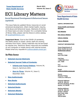 ECI Library Matters Social Emotional Development & Behavioral Issues (Updated)