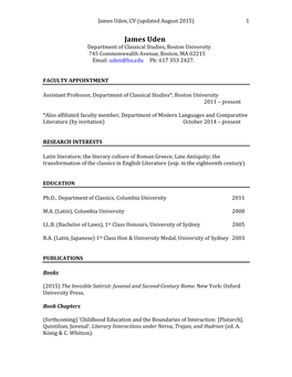 James Uden, CV (Updated August 2015) 1