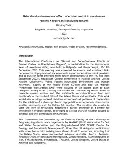 Natural and Socio-Economic Effects of Erosion Control in Mountainous