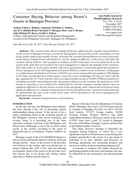 Consumer Buying Behavior Among Resort's Guests in Batangas Province