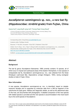 Ascodipteron Sanmingensis Sp. Nov., a New Bat Fly (Hippoboscidae: Streblid Grade) from Fujian, China