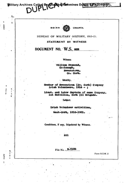 ROINN COSANTA. BUREAU of MILITARY HISTORY, 1913-21. STATEMENT by WITNESS DOCUMENT NO. W.S. 832 Witness William Deamond, Coolenag