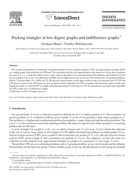 Packing Triangles in Low Degree Graphs and Indifference Graphsଁ Gordana Mani´C∗, Yoshiko Wakabayashi