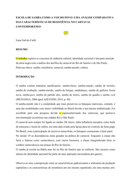 Escola De Samba Como a Voz Do Povo: Uma Análise Comparativa Das Características De Resistência No Carnaval Contemporâneo