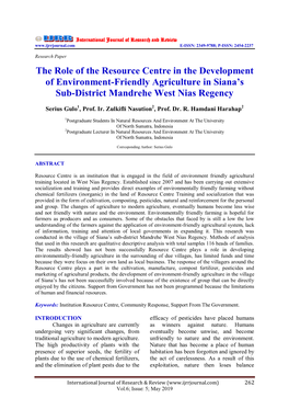 The Role of the Resource Centre in the Development of Environment-Friendly Agriculture in Siana’S Sub-District Mandrehe West Nias Regency