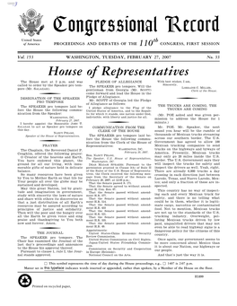 Congressional Record United States Th of America PROCEEDINGS and DEBATES of the 110 CONGRESS, FIRST SESSION