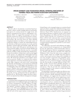 Species Diversity and Foundation Species: Potential Indicators of Fisheries Yields and Marine Ecosystem Functioning Matthew E