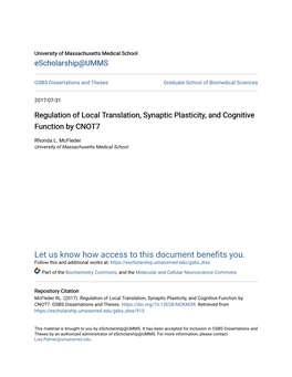 Regulation of Local Translation, Synaptic Plasticity, and Cognitive Function by CNOT7