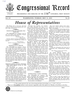 Congressional Record United States Th of America PROCEEDINGS and DEBATES of the 116 CONGRESS, FIRST SESSION