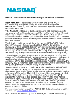 NASDAQ Announces the Annual Re-Ranking of the NASDAQ-100 Index