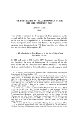 1. the Boundaries Qf Aram-Damascus in the Time Qf Ha;::Ael and Bar Hadad, His Son