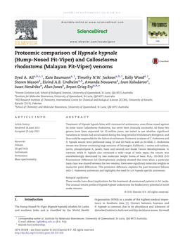 (Hump-Nosed Pit-Viper) and Calloselasma Rhodostoma (Malayan Pit-Viper) Venoms