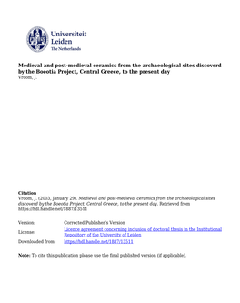 Medieval and Post-Medieval Ceramics from the Archaeological Sites Discoverd by the Boeotia Project, Central Greece, to the Present Day Vroom, J