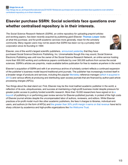 Elsevier Purchase SSRN: Social Scientists Face Questions Over Whether Centralised Repository Is in Their Interests