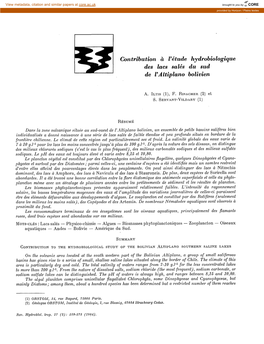 Contribution À L'étude Hydrobiologique Des Lacs Salés Du Sud De L'altiplano