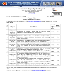 Government of the People's Republic of Bangladesh E-Tender Notice Tender Notice No: 41/2020-2021