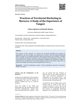 Practices of Territorial Marketing in Morocco: a Study of the Experience of Tangier