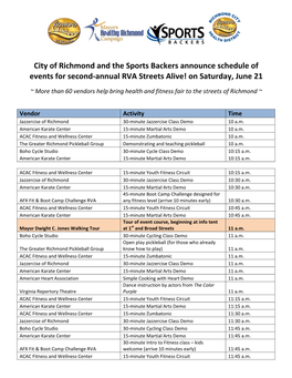 City of Richmond and the Sports Backers Announce Schedule of Events for Second-Annual RVA Streets Alive! on Saturday, June 21