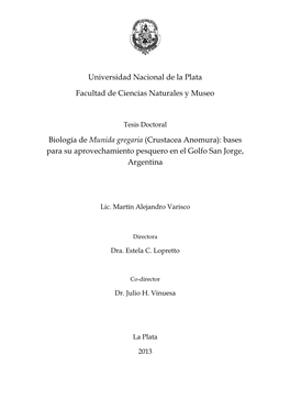 Biología De Munida Gregaria (Crustacea Anomura): Bases Para Su Aprovechamiento Pesquero En El Golfo San Jorge, Argentina