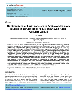 Contributions of Ilorin Scholars to Arabic and Islamic Studies in Yoruba Land: Focus on Shaykh Adam Abdullah Al-Iluri