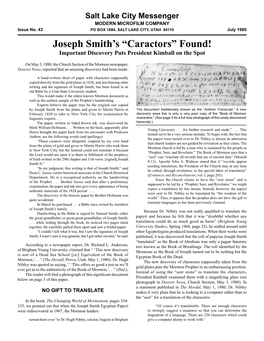 43 Salt Lake City Messenger: Joseph Smith's "Caractors" Found!