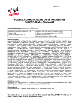 Conseil Communautaire Du 28 Janvier 2021 Compte-Rendu Sommaire