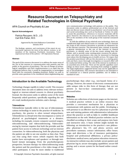 Resource Document on Telepsychiatry and Related Technologies in Clinical Psychiatry