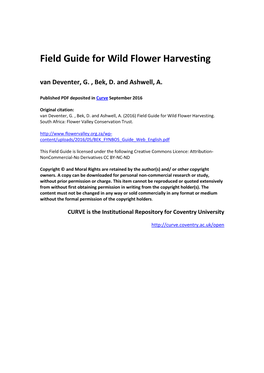 Field Guide for Wild Flower Harvesting Van Deventer, G