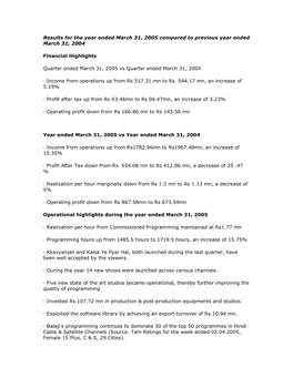 Audited Financial Results for the Year Ended March 31, 2005 Were Taken on Record by the Board at Its Meeting Held on May 20, 2005