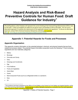 Hazard Analysis and Risk-Based Preventive Controls for Human Food: Draft Guidance for Industry1