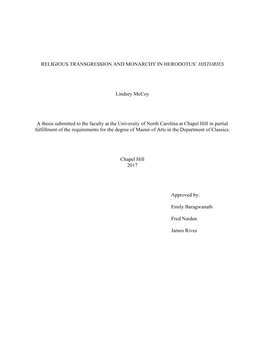 RELIGIOUS TRANSGRESSION and MONARCHY in HERODOTUS' HISTORIES Lindsey Mccoy a Thesis Submitted to the Faculty at the University