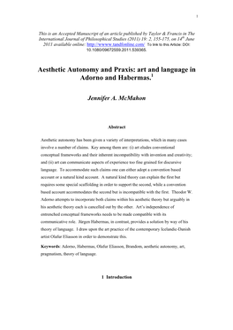 Aesthetic Autonomy and Praxis: Art and Language in Adorno and Habermas.1