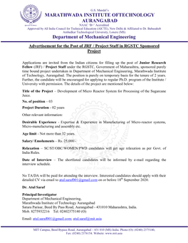 MARATHWADA INSTITUTE OFTECHNOLOGY AURANGABAD NAAC ‘B+’ Accredited Approved by All India Council for Technical Education (AICTE), New Delhi & Affiliated to Dr