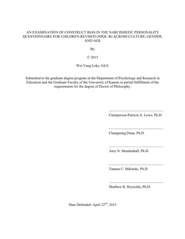 An Examination of Construct Bias in the Narcissistic Personality Questionnaire for Children-Revised (Npqc-R) Across Culture, Gender, and Age