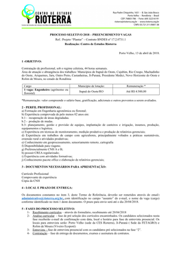 PROCESSO SELETIVO 2018 – PREENCHIMENTO VAGAS Ref.: Projeto “Plantar” – Contrato BNDES Nº 17.2.0731.1 Realização: Centro De Estudos Rioterra